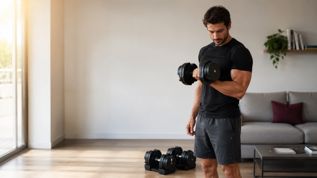 Homme sportif d’environ 30 ans effectuant un curl biceps avec un haltère ajustable dans un salon moderne et minimaliste éclairé par une lumière naturelle chaude. Un canapé gris avec coussin bordeaux et une paire d’haltères sont visibles en arrière-plan.