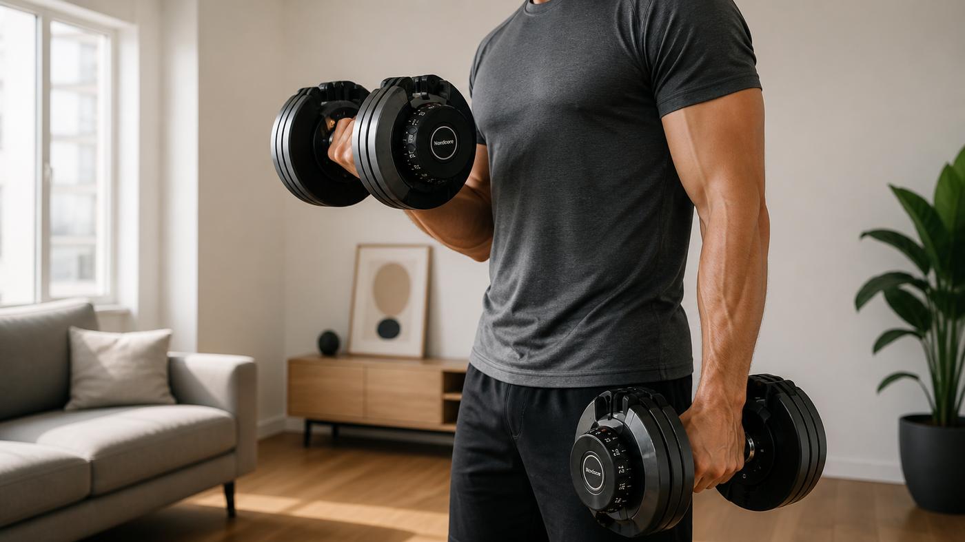 homme entraînement home gym haltères réglables appartement