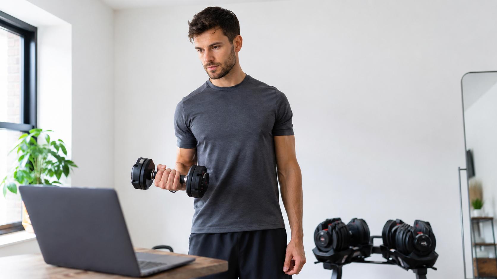 débutant choisissant ses haltères réglables pour home gym
