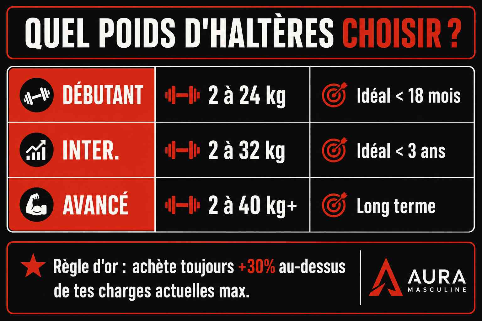 infographie poids haltères réglables par niveau débutant intermédiaire avancé