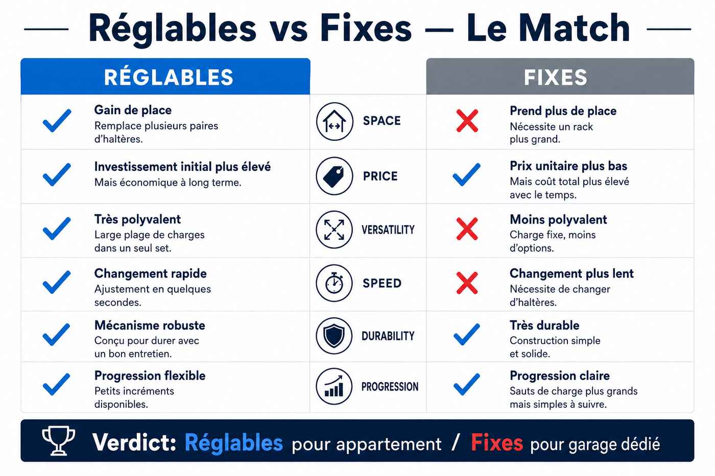 infographie comparatif haltères réglables vs fixes avantages inconvénients