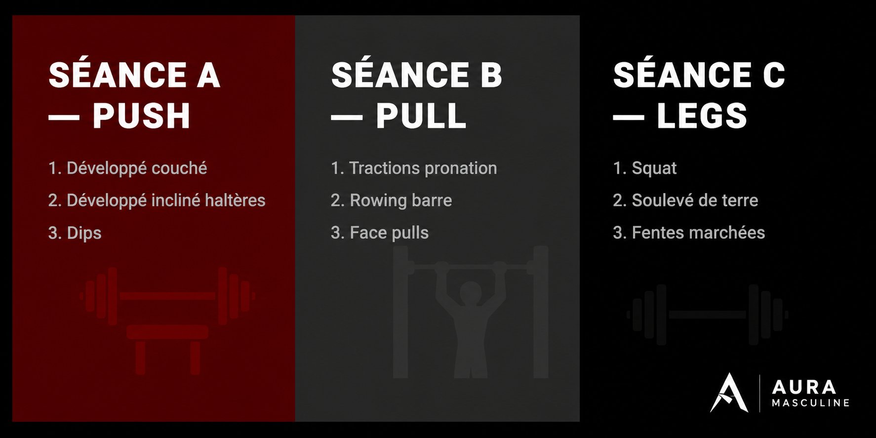 Infographie des 3 séances du programme : Push, Pull, Legs