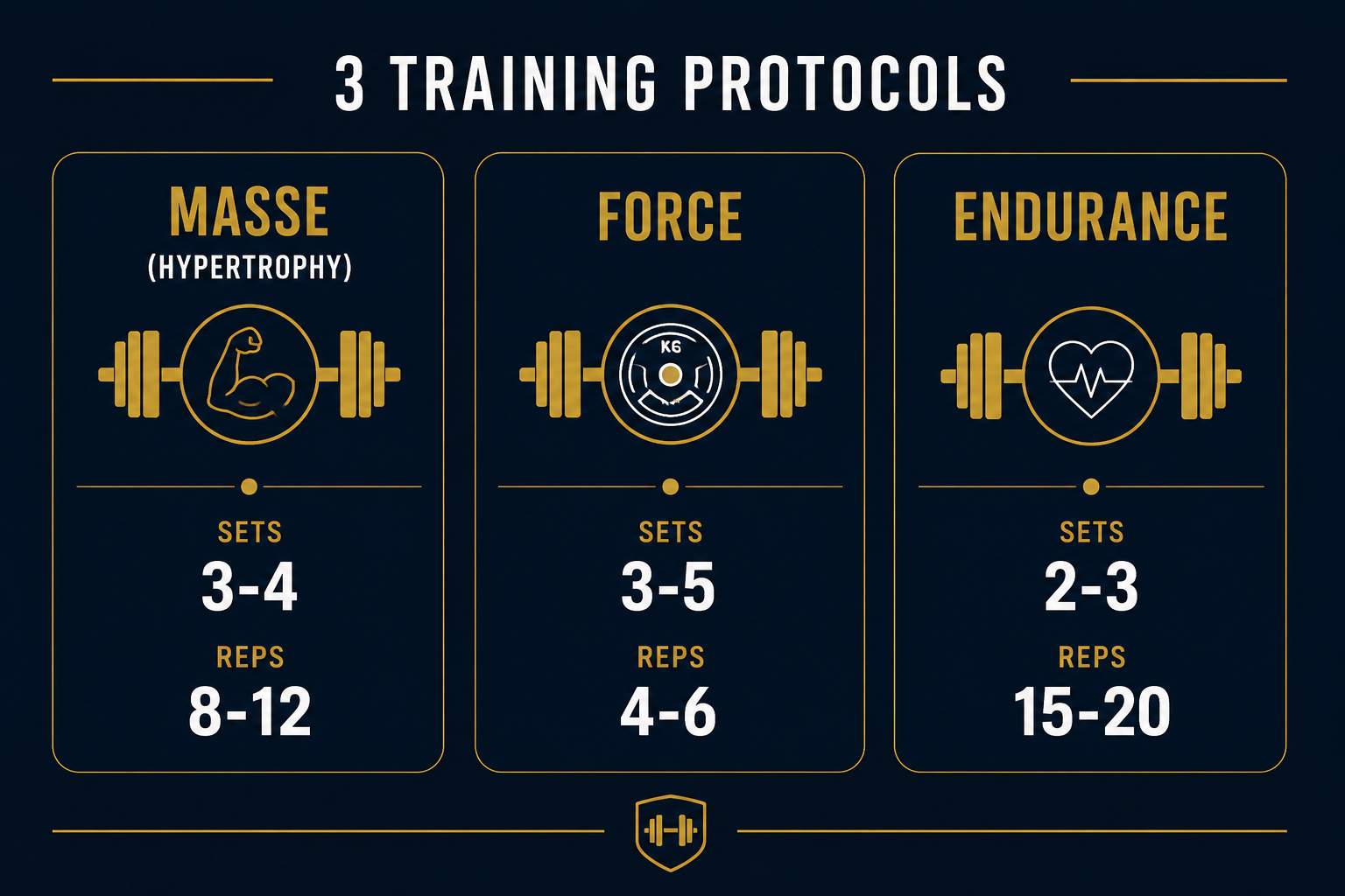 schéma comparatif des trois protocoles d'entraînement avec haltères réglables : masse, force, endurance