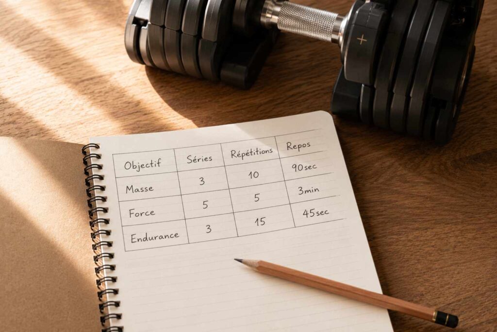 tableau séries répétitions haltères réglables musculation affiché sur un carnet d'entraînement