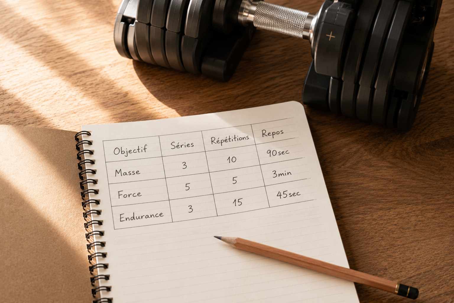 tableau séries répétitions haltères réglables musculation affiché sur un carnet d'entraînement