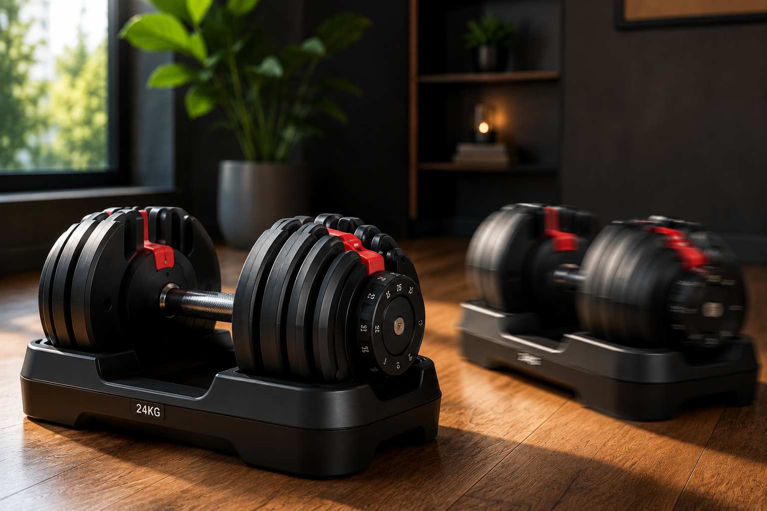 Home gym moderne avec haltères réglables