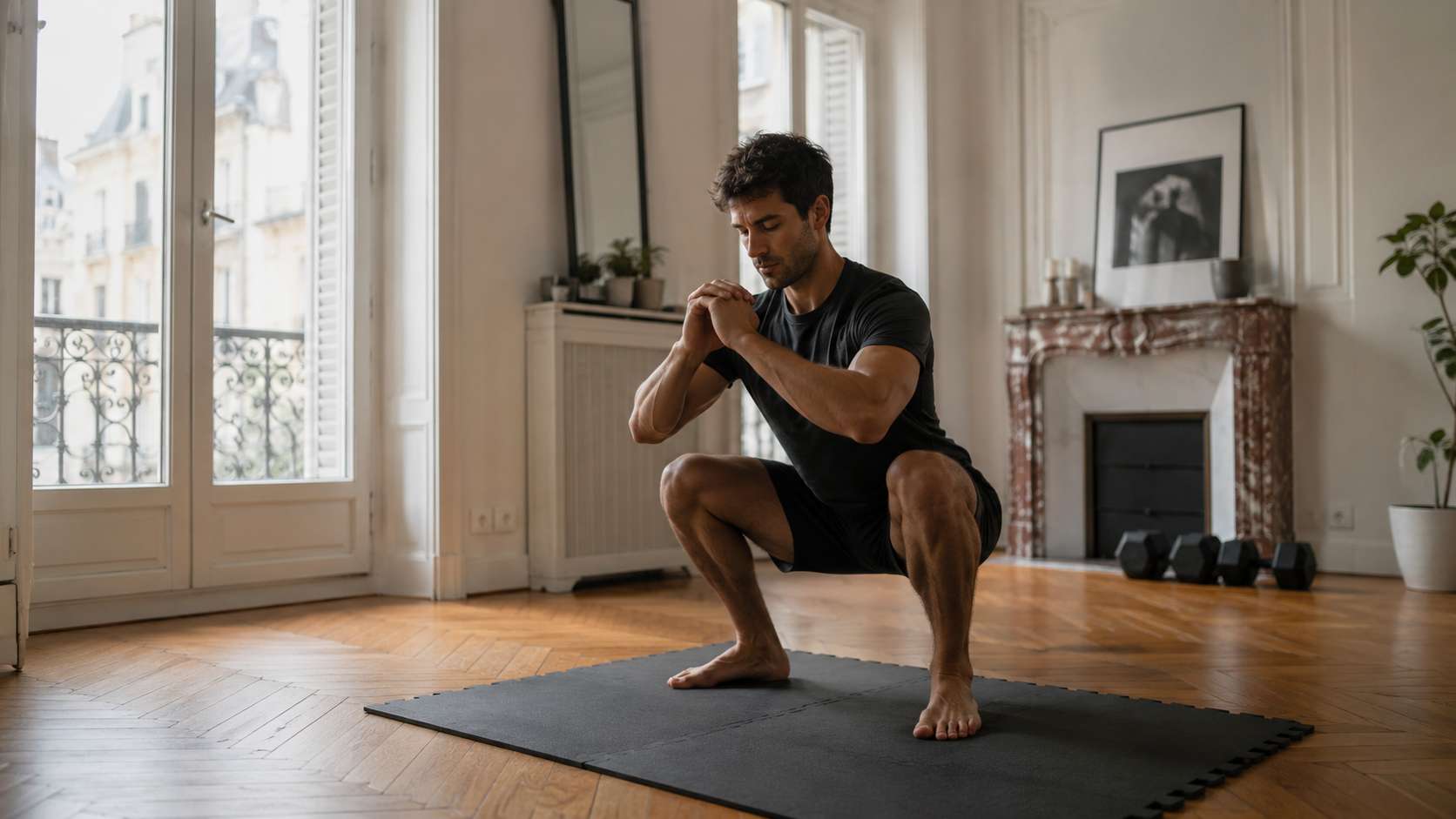 Homme qui s'entraîne en silence dans un appartement moderne avec tapis de sol