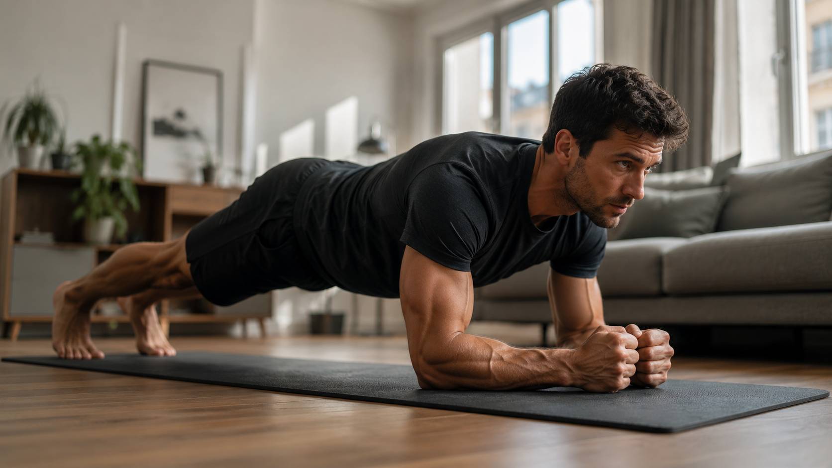 Homme en position de planche isométrique dans un appartement, exercice silencieux