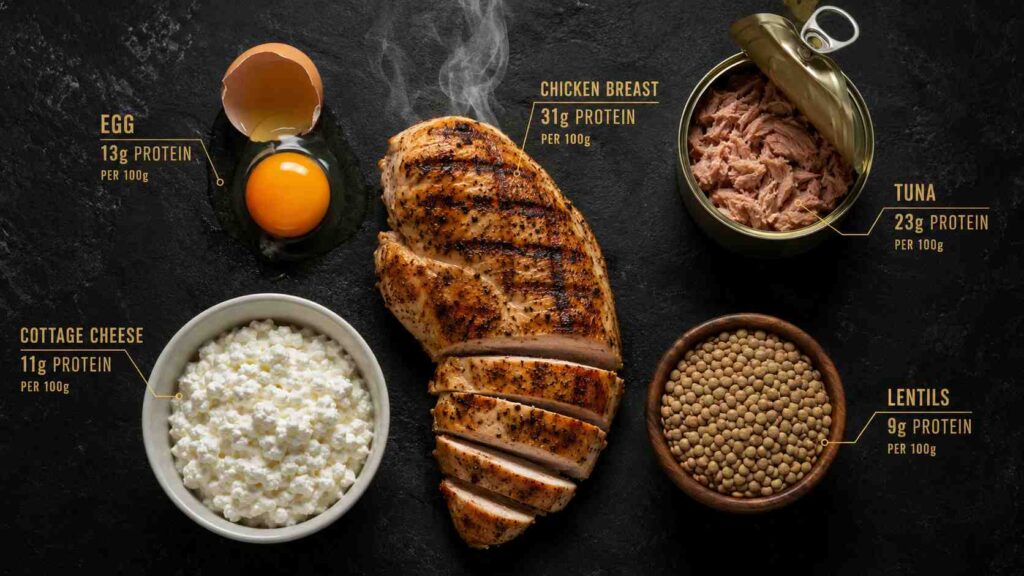 5 sources de protéines naturelles pour la musculation maison sans whey : œuf, poulet, thon, fromage blanc, lentilles