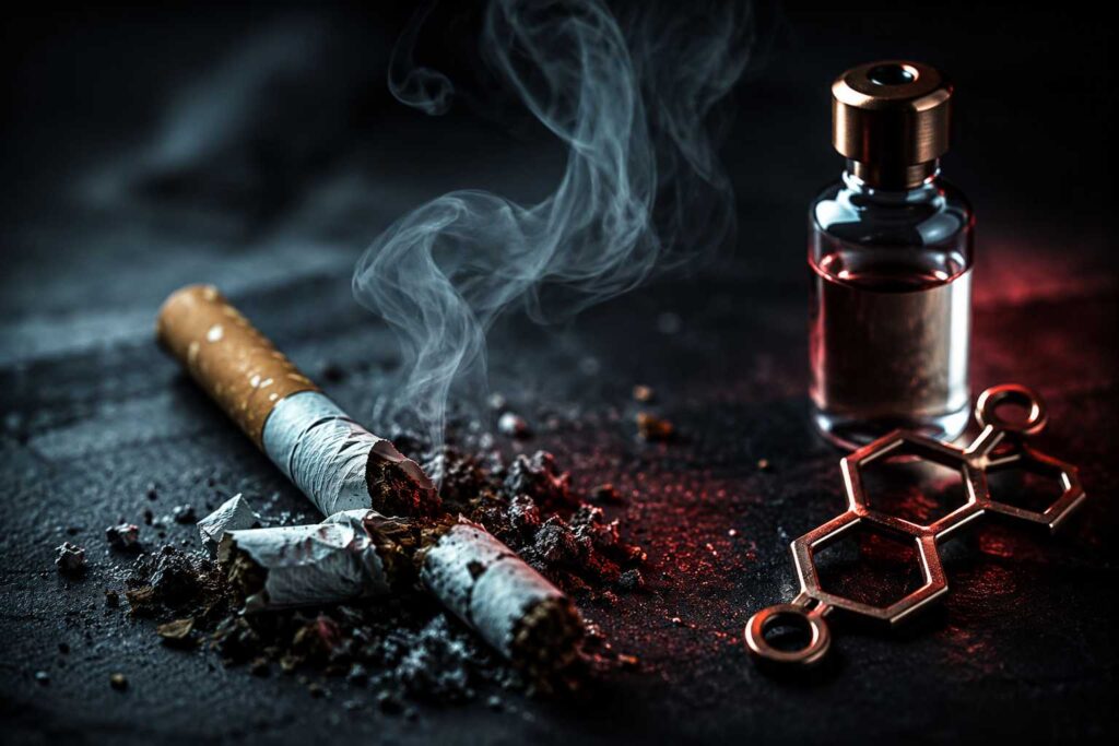 Cigarette écrasée et symbole hormonal — impact du tabac sur la testostérone masculine