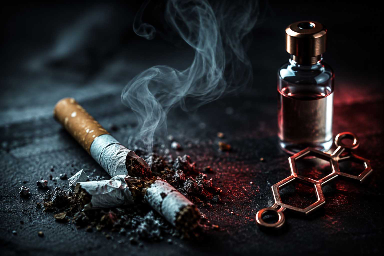 Cigarette écrasée et symbole hormonal — impact du tabac sur la testostérone masculine