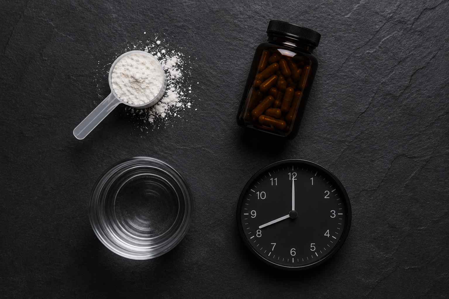 Flat lay montrant une dose de creatine en poudre, un flacon d'ashwagandha et un verre d'eau — illustration du timing de prise des supplements