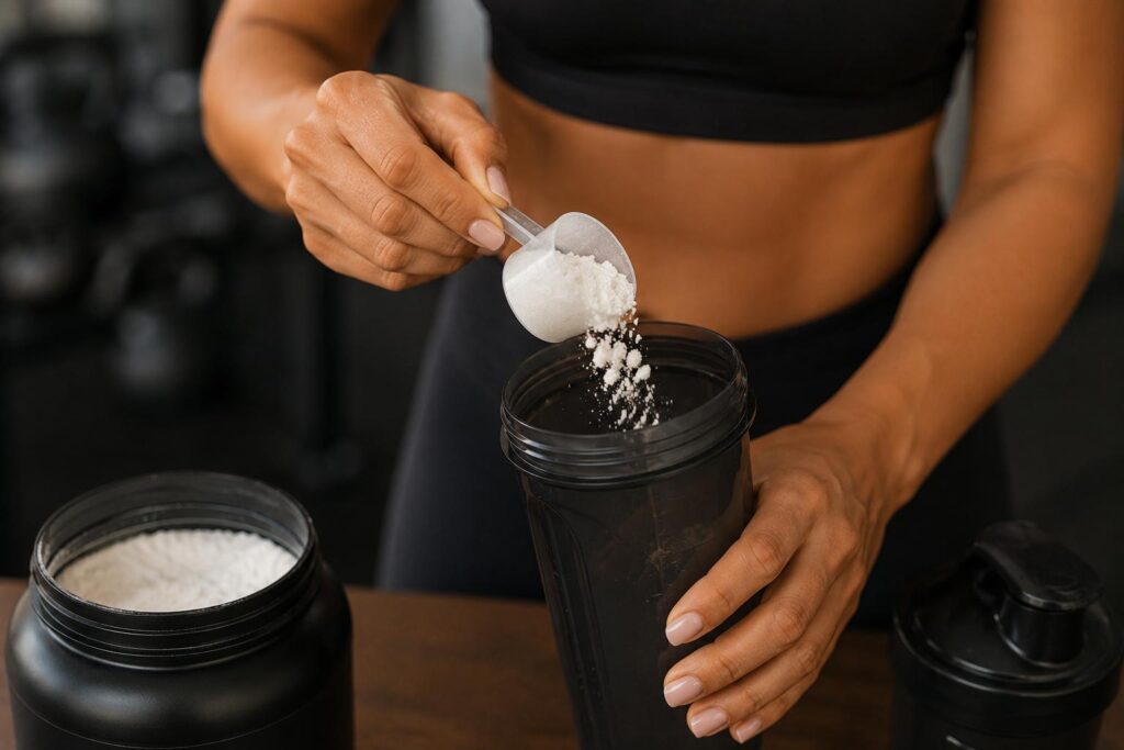 femme créatine shaker musculation dosage quotidien