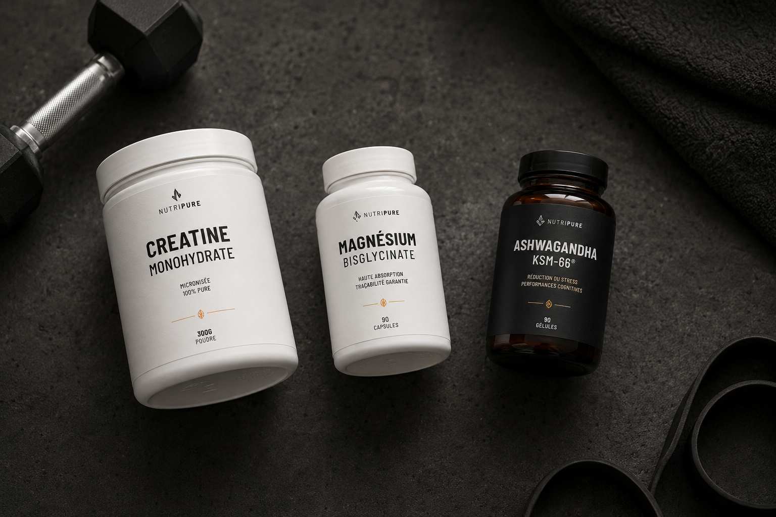 Stack suppléments musculation maison — créatine monohydrate, magnésium bisglycinate et ashwagandha KSM-66 alignés sur fond béton anthracite