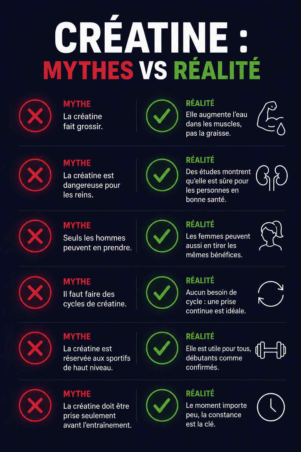 Infographie créatine : mythes vs réalité — reins, crampes, déshydratation, acné, digestion