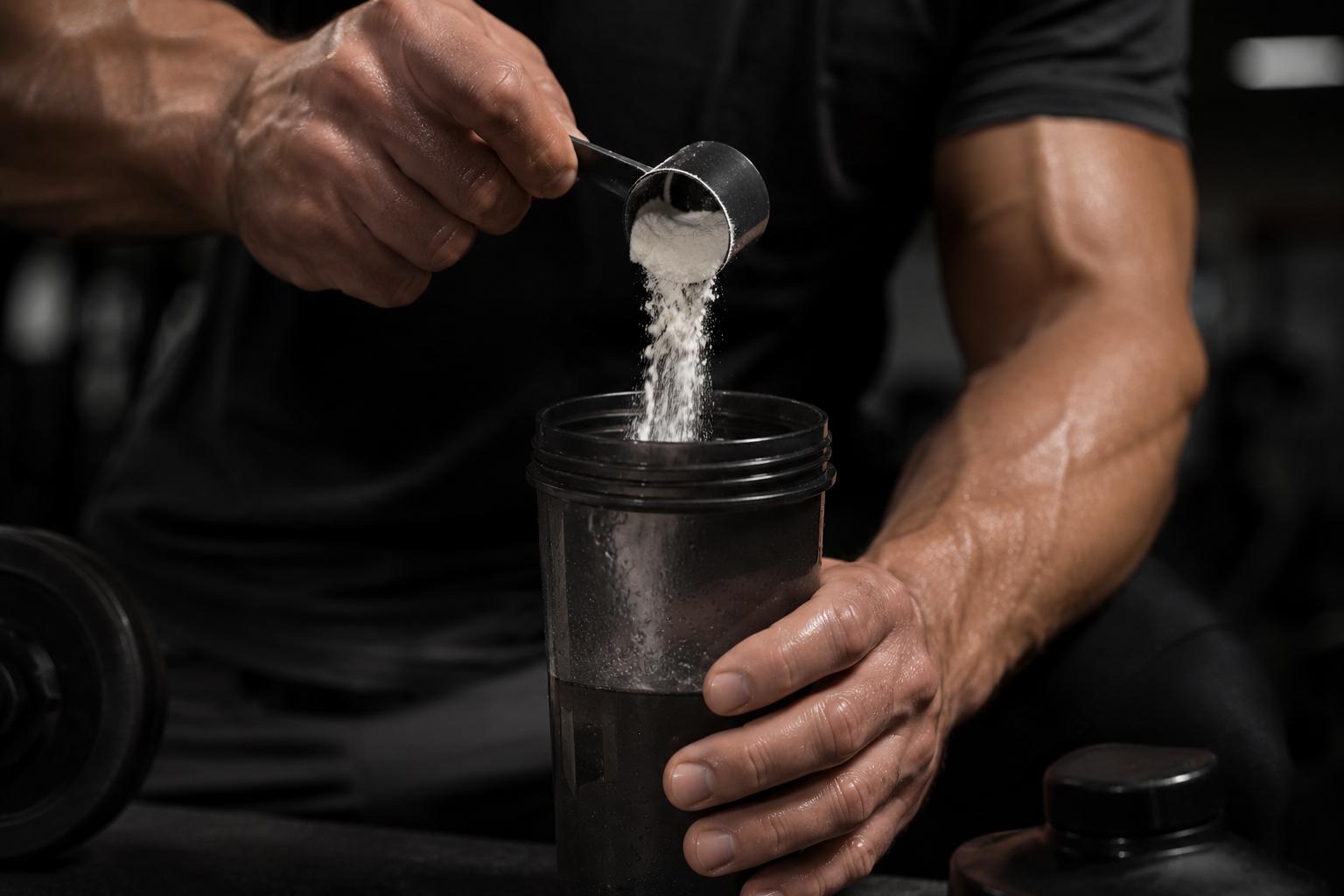 homme versant sa dose de créatine monohydrate dans un shaker juste après sa séance de musculation à domicile