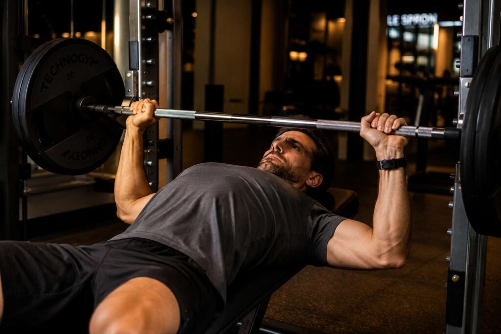 Homme adulte effectuant un développé couché dans une salle de sport — programme musculation intermédiaire