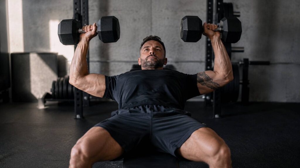 Homme de 40 ans s'entraînant avec des haltères dans un home gym