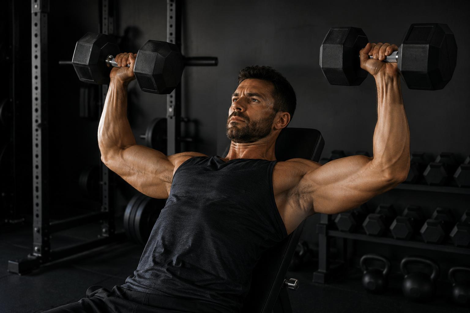 Sportif effectuant un developpe halteres intense en home gym, illustrant les synergies creatine et ashwagandha sur la force et la recuperation