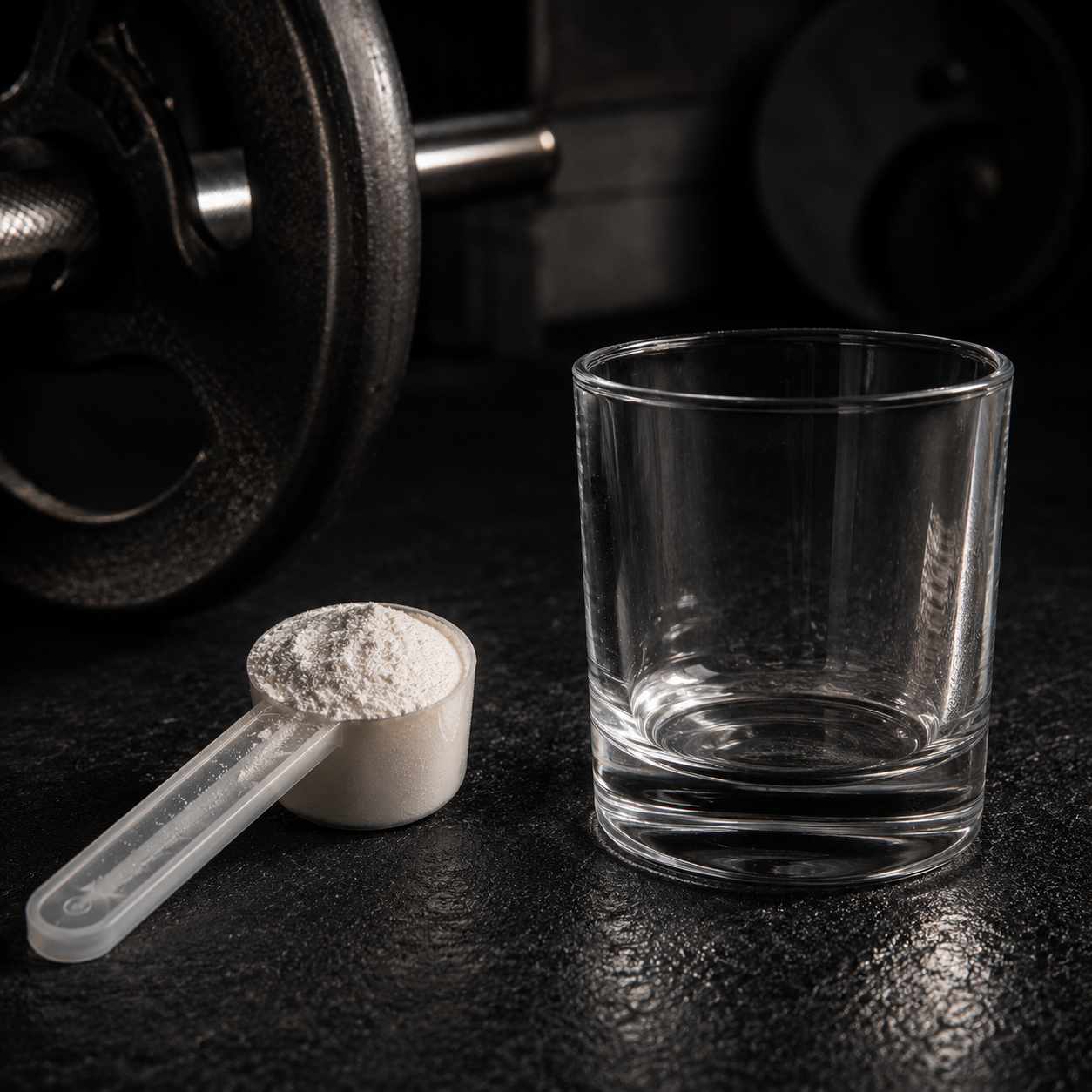 créatine monohydrate posée à côté d'un verre vide sans eau — illustration de l'erreur de prise à sec
