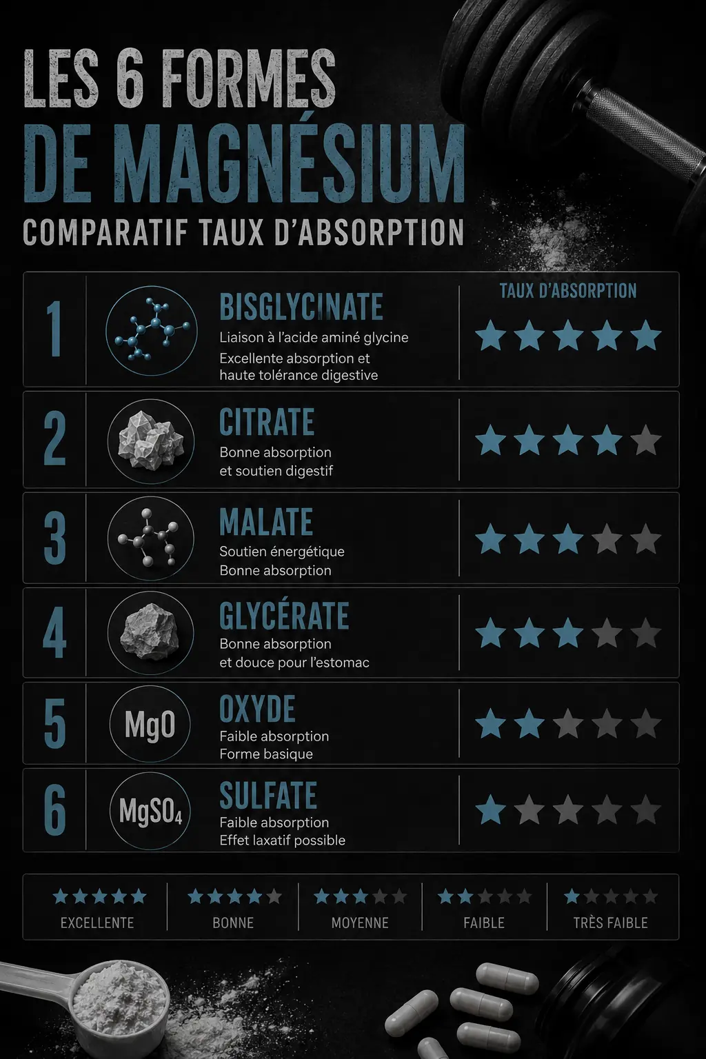 Infographie comparatif des 6 formes de magnésium avec taux d'absorption pour la musculation