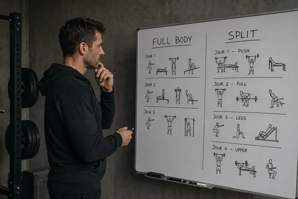 Homme comparant un programme full body et un programme split sur un tableau, home gym