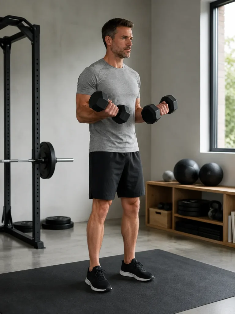 Homme en tenue de sport qui soulève des haltères dans un home gym, regard concentré, lumière naturelle