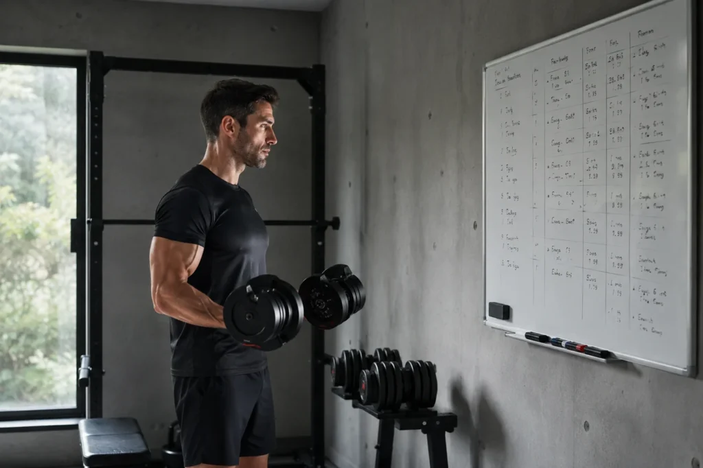 Homme soulevant des haltères réglables devant un tableau de progression en musculation