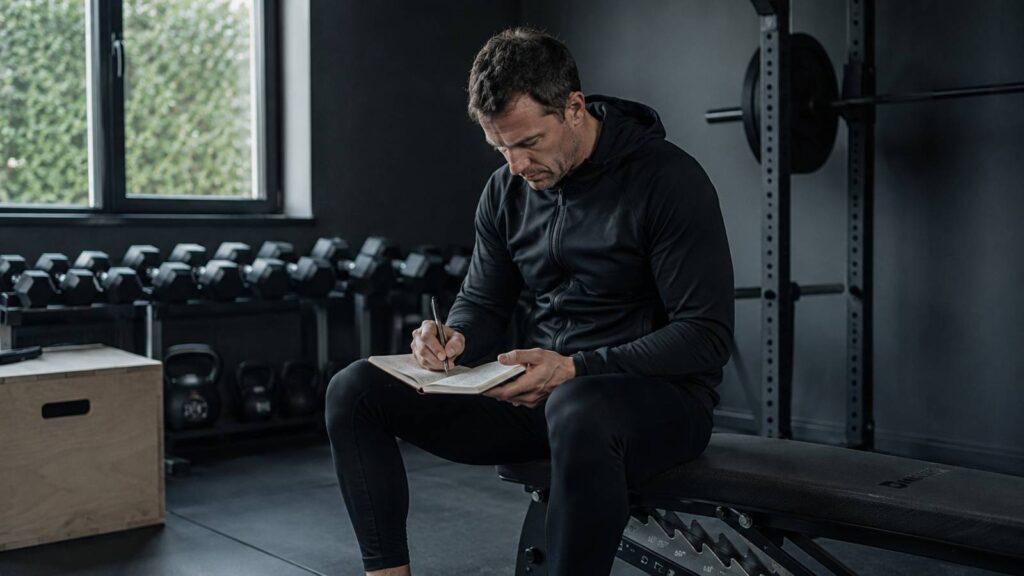 Homme notant sa progression dans un journal d'entraînement dans son home gym