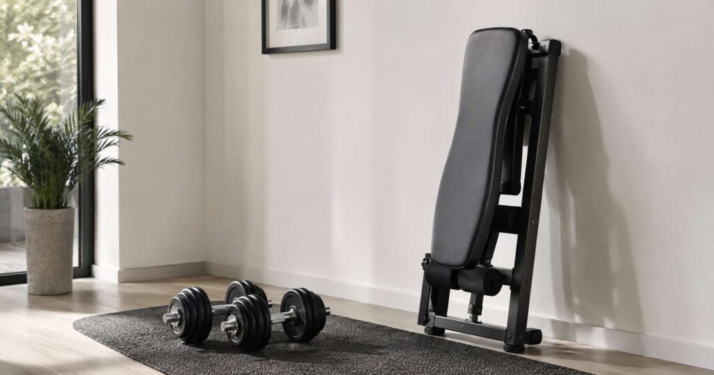 Home gym pas cher avec haltères réglables et tapis de sol musculation