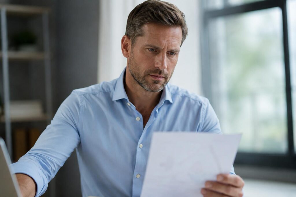 homme 40 ans qui analyse son bilan testostérone avant de choisir entre TRT et méthodes naturelles