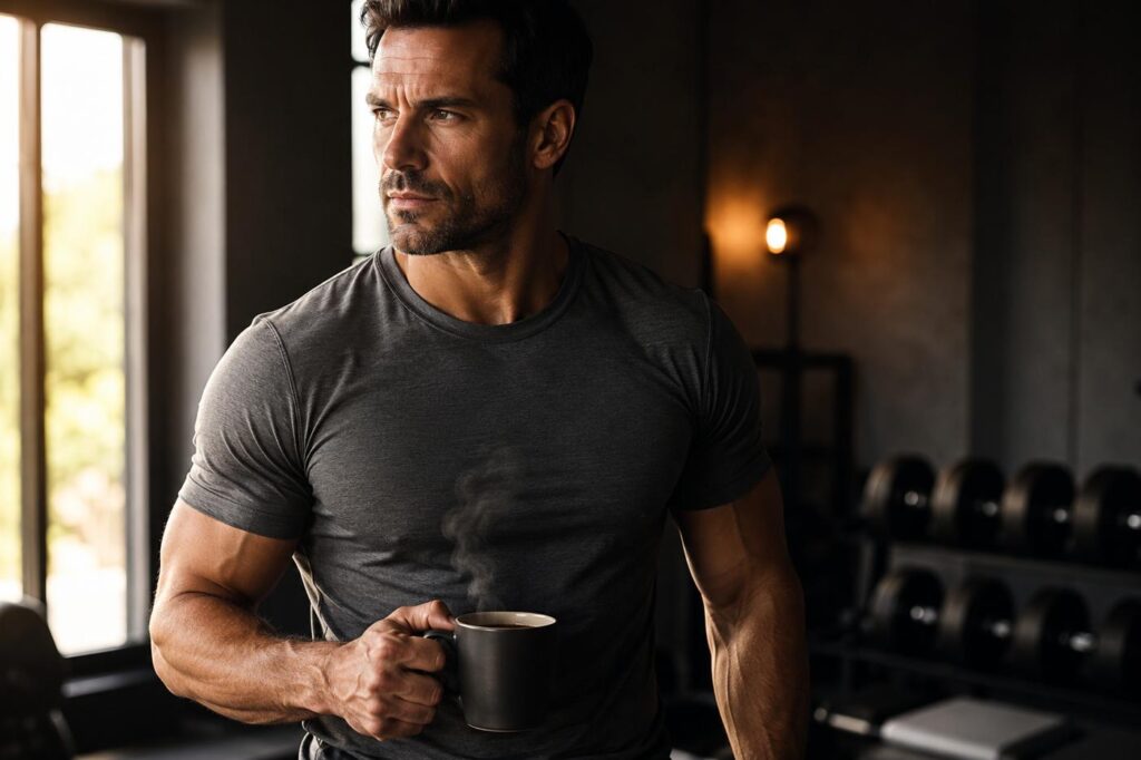 Homme s'apprêtant à s'entraîner avec une tasse de café noir, illustrant la caféine comme stimulant pre-workout pour la performance en musculation