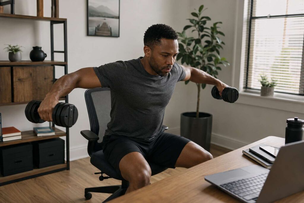 exercices posture dos bureau avec haltères réglables — routine homme maison