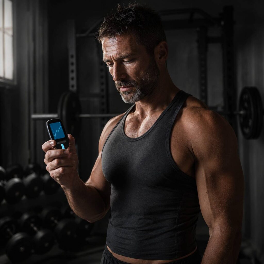 Homme utilisant un glucomètre connecté en home gym pour optimiser sa glycémie pendant une phase de prise de masse