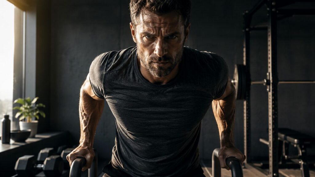 Homme musclé de 40 ans en salle de musculation, expression déterminée face à un plateau d'entraînement