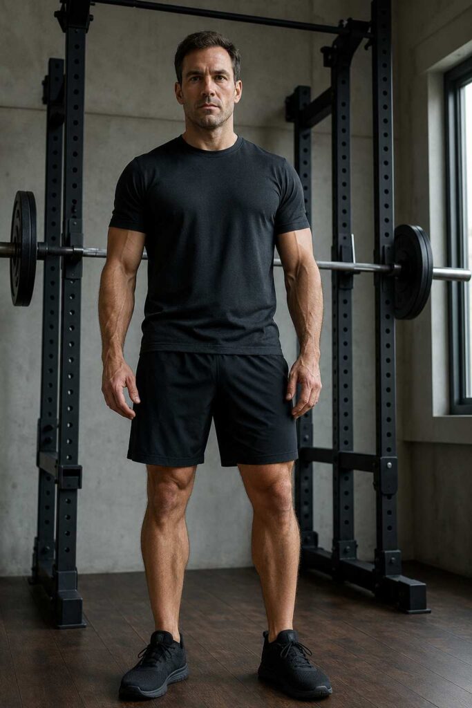 Homme concentré en train de se préparer à soulever des haltères dans un home gym, regard déterminé, pas d'émotion visible