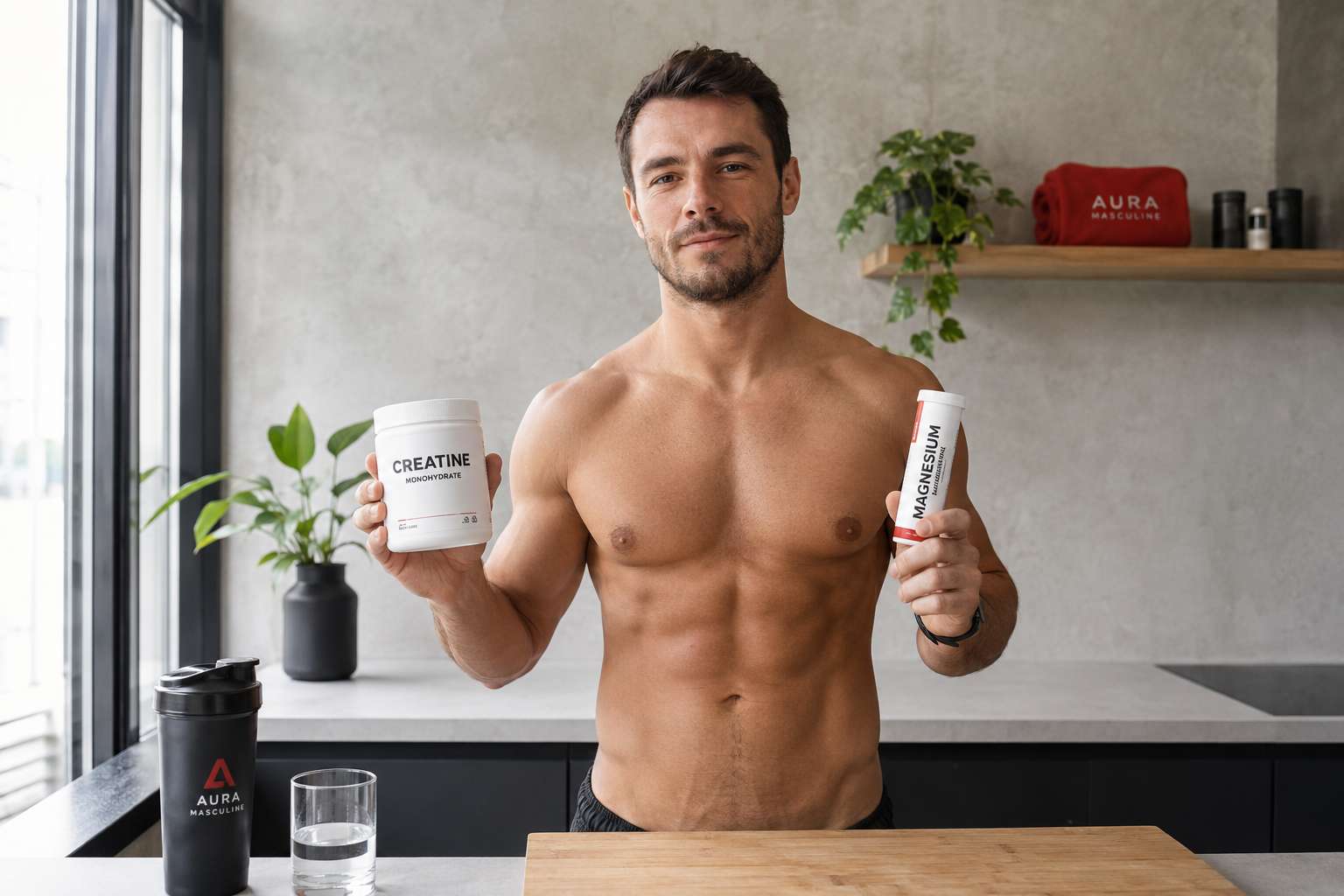 Débutant en musculation tenant créatine et magnésium dans sa cuisine"