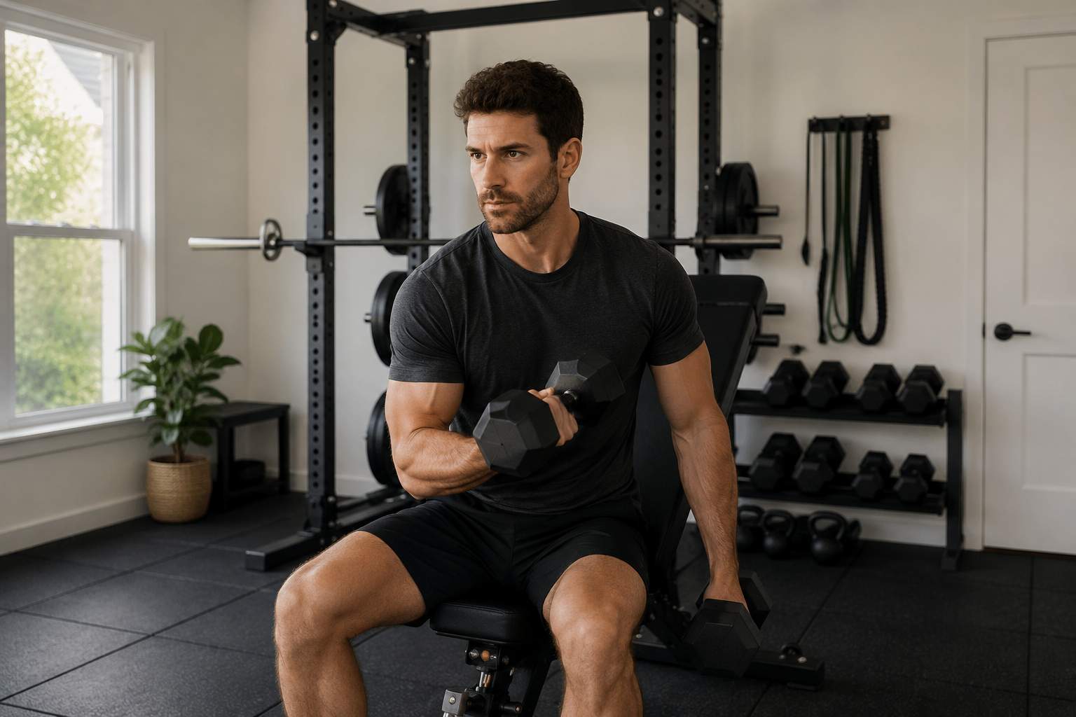 Homme de 28 a 35 ans s'entrainant avec des halteres dans un home gym minimaliste — profil type pour le stack creatine et ashwagandha