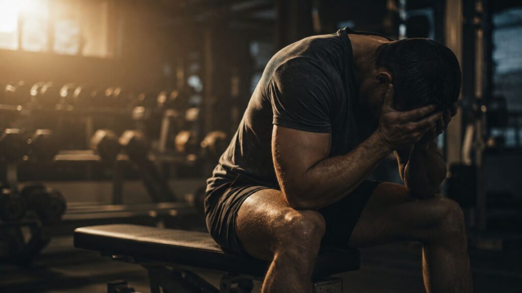 Homme épuisé assis sur un banc de musculation, illustrant le surmenage et le surentraînement