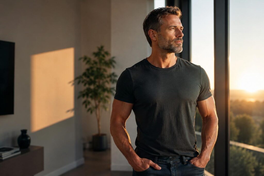 Homme de 45 ans en bonne forme physique illustrant l'optimisation naturelle de la testostérone après 40 ans.