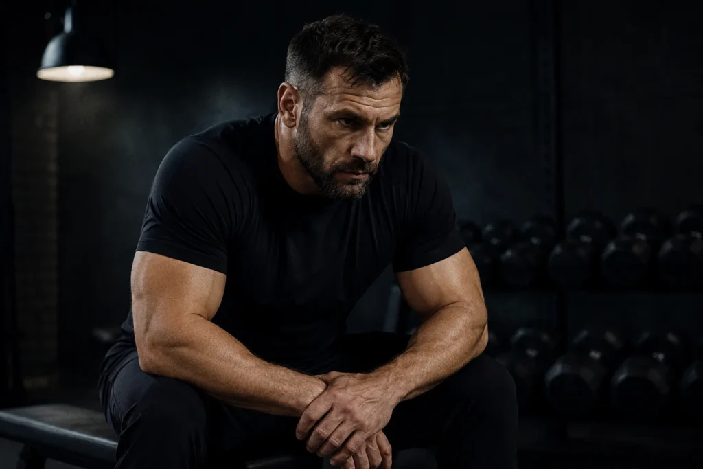 Homme musclé de 40 ans en posture de concentration avant une séance dans son home gym