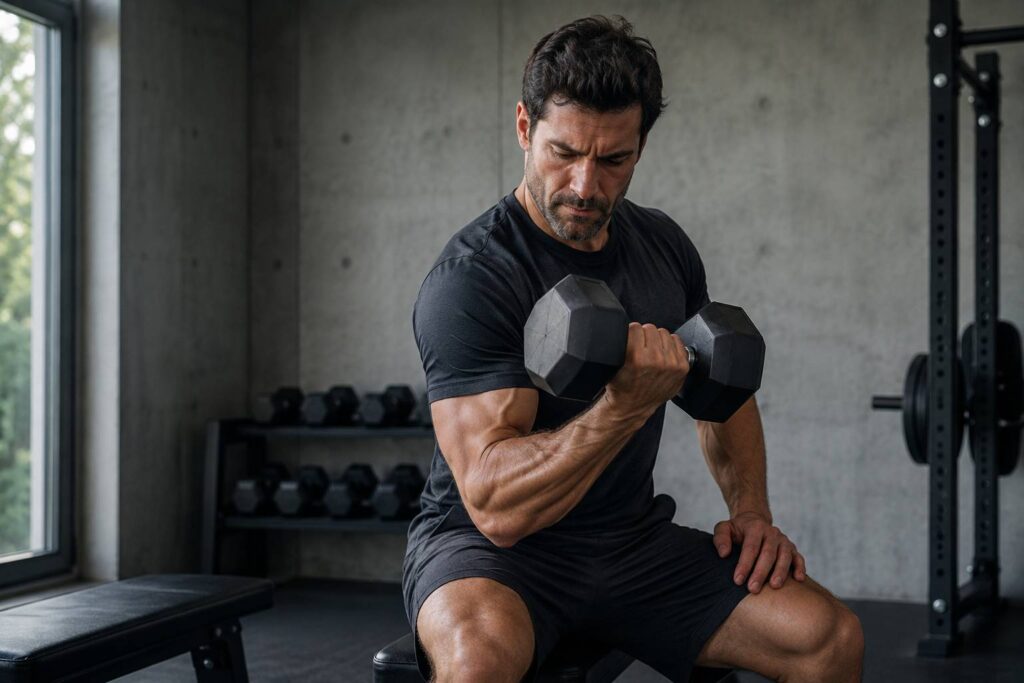homme en train de s'entraîner avec des haltères dans un home gym — programme musculation complet 2026