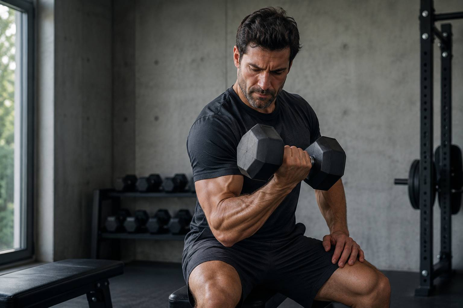 homme en train de s'entraîner avec des haltères dans un home gym — programme musculation complet 2026