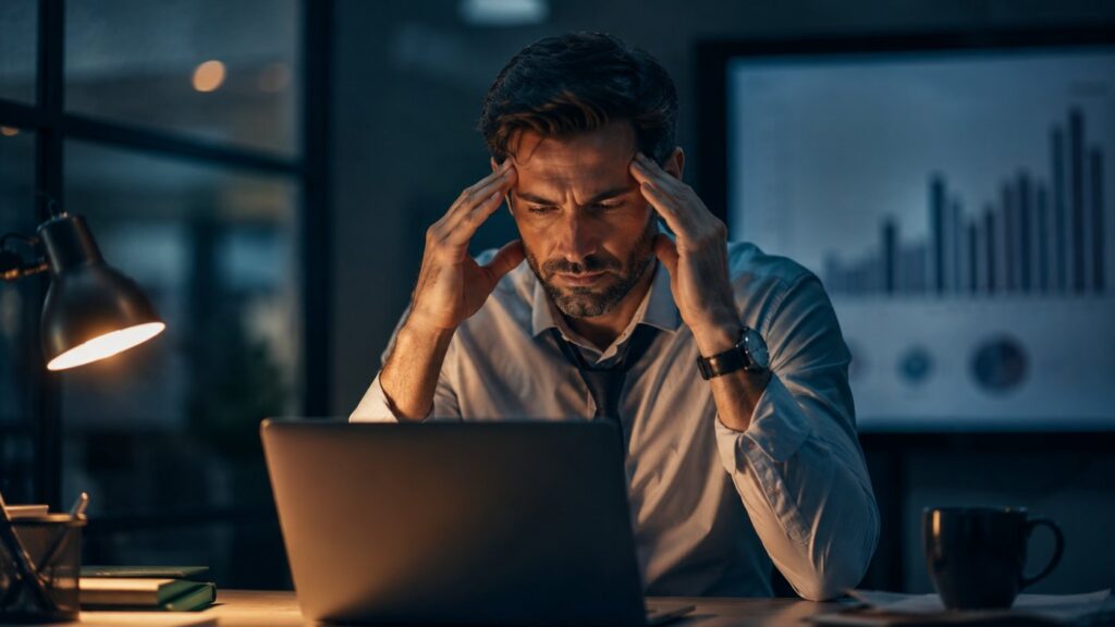 Homme actif tendu à son bureau en fin de journée, signe visible de stress chronique et de cortisol élevé