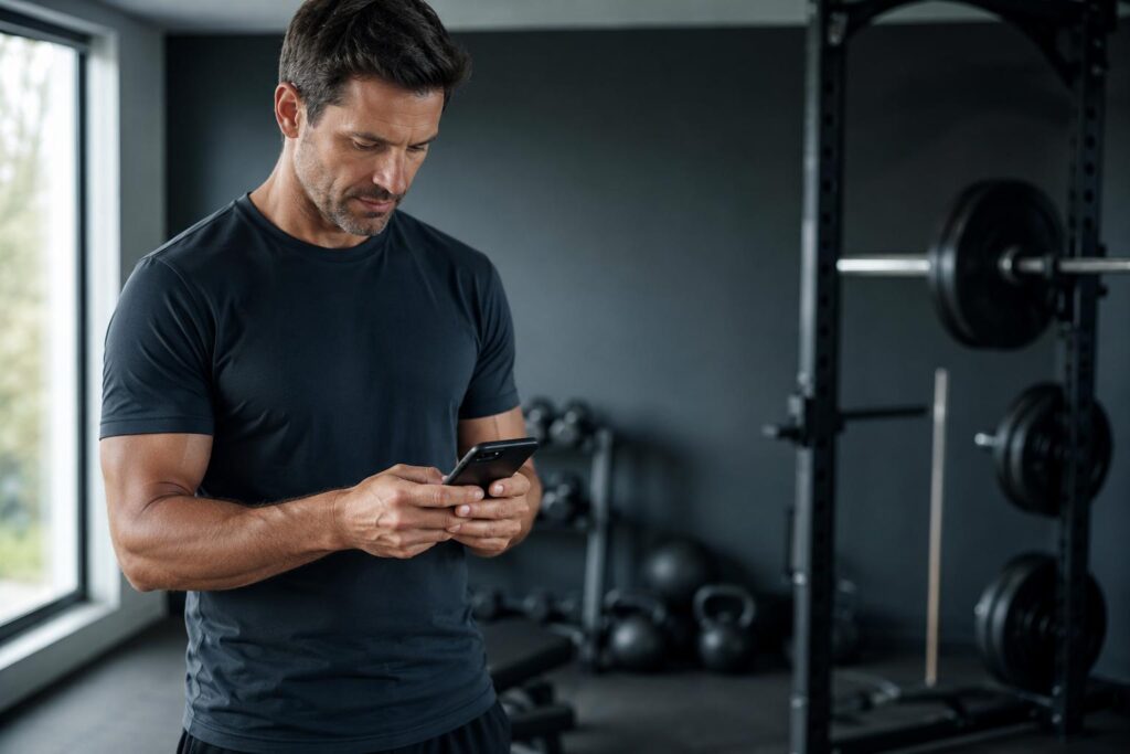 Homme déterminé consultant ses objectifs musculation sur son téléphone dans une salle de sport à domicile