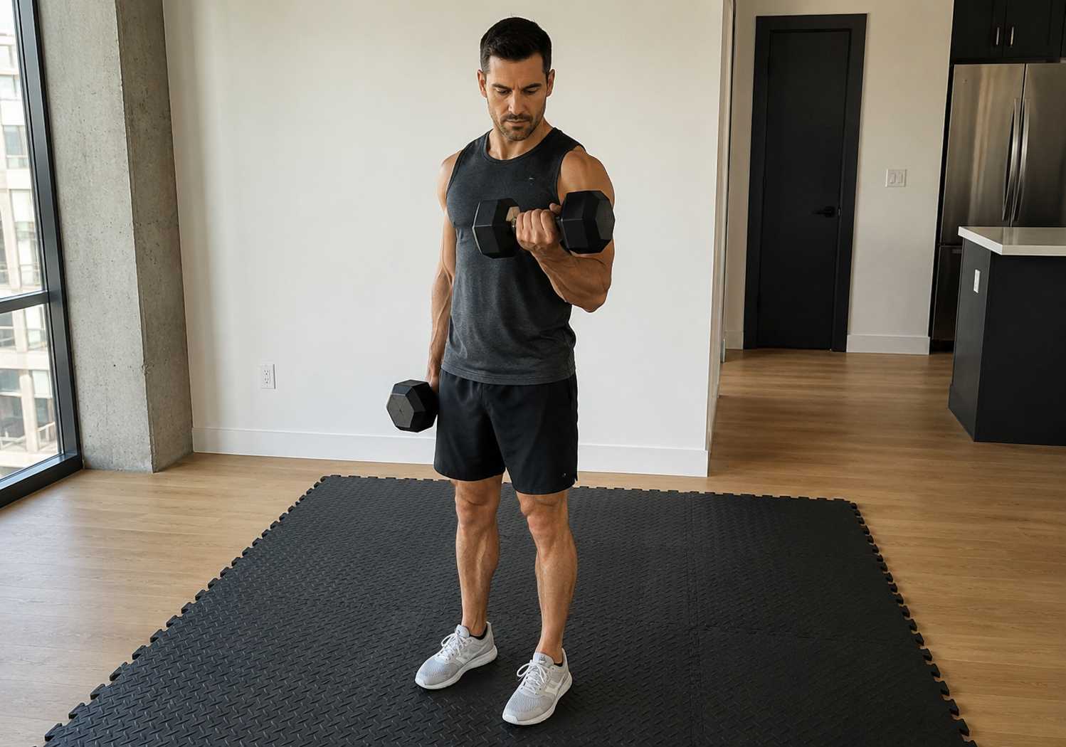 tapis sol musculation homme haltères réglables appartement dalles puzzle