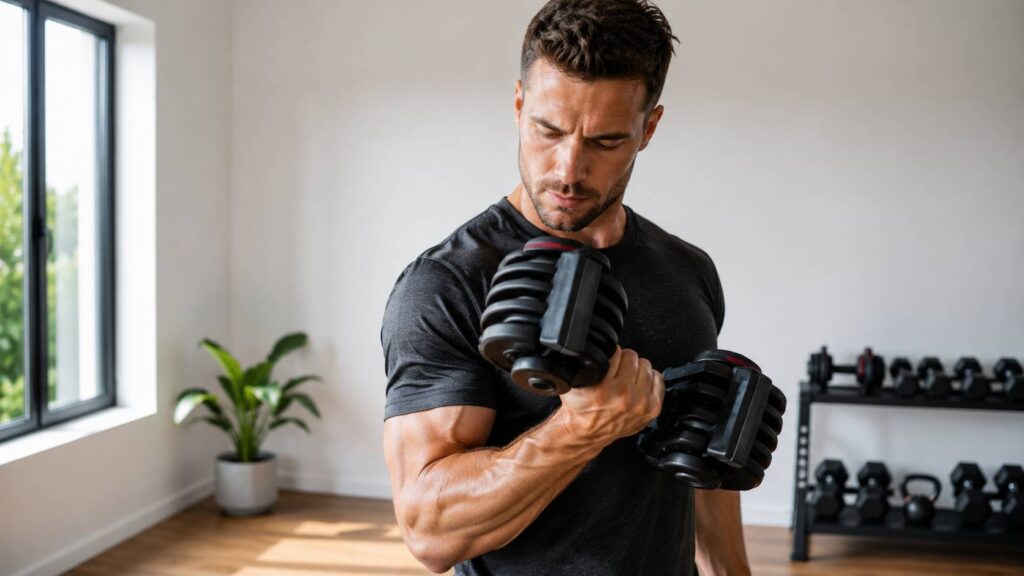 homme qui progresse avec des haltères réglables musculation maison