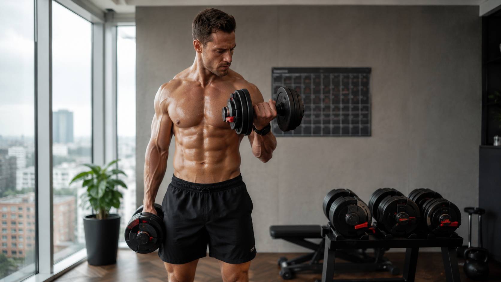 Homme musclé effectuant un curl avec haltères réglables dans un home gym moderne