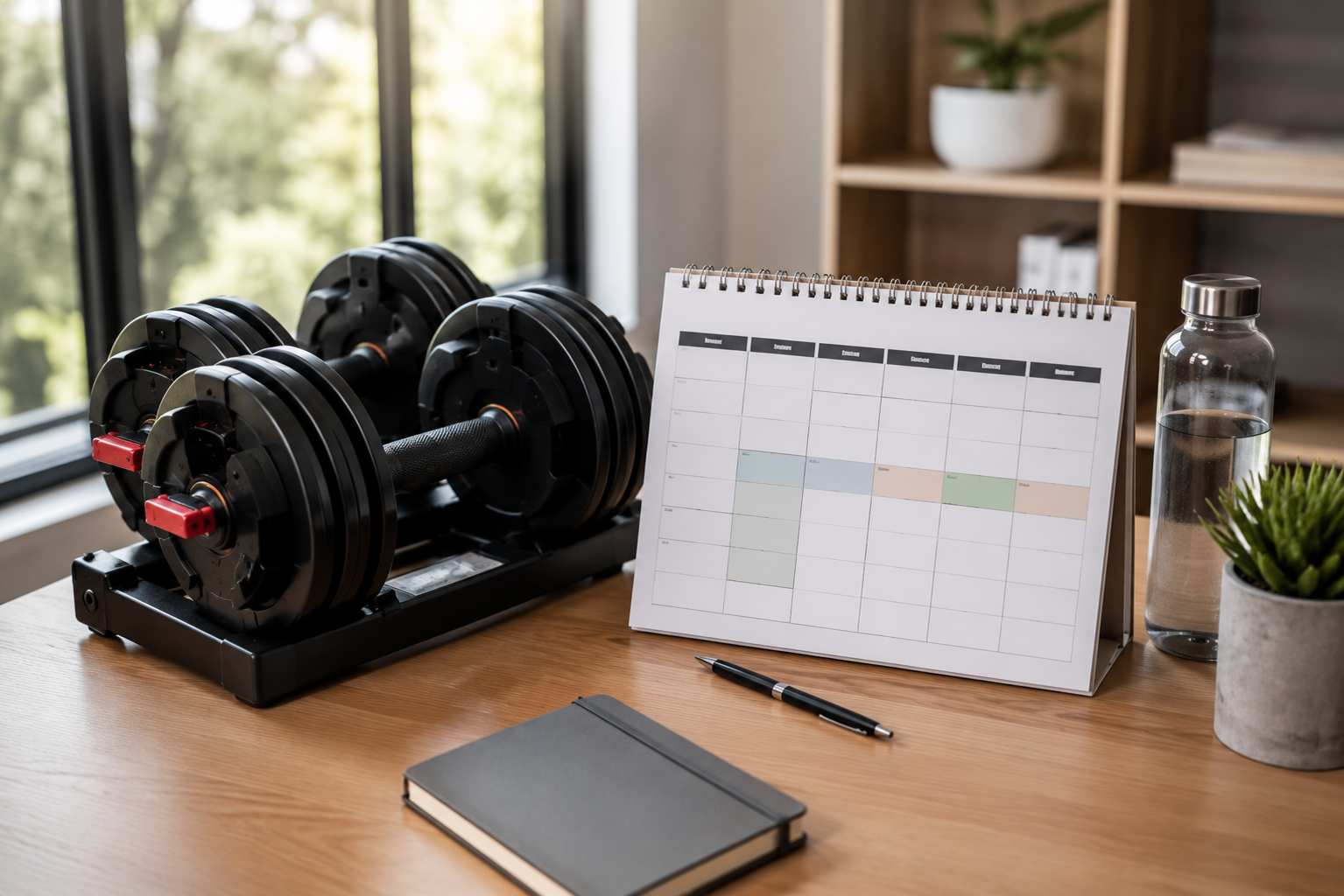Haltères réglables posés sur un bureau à côté d'un calendrier hebdomadaire et d'un carnet