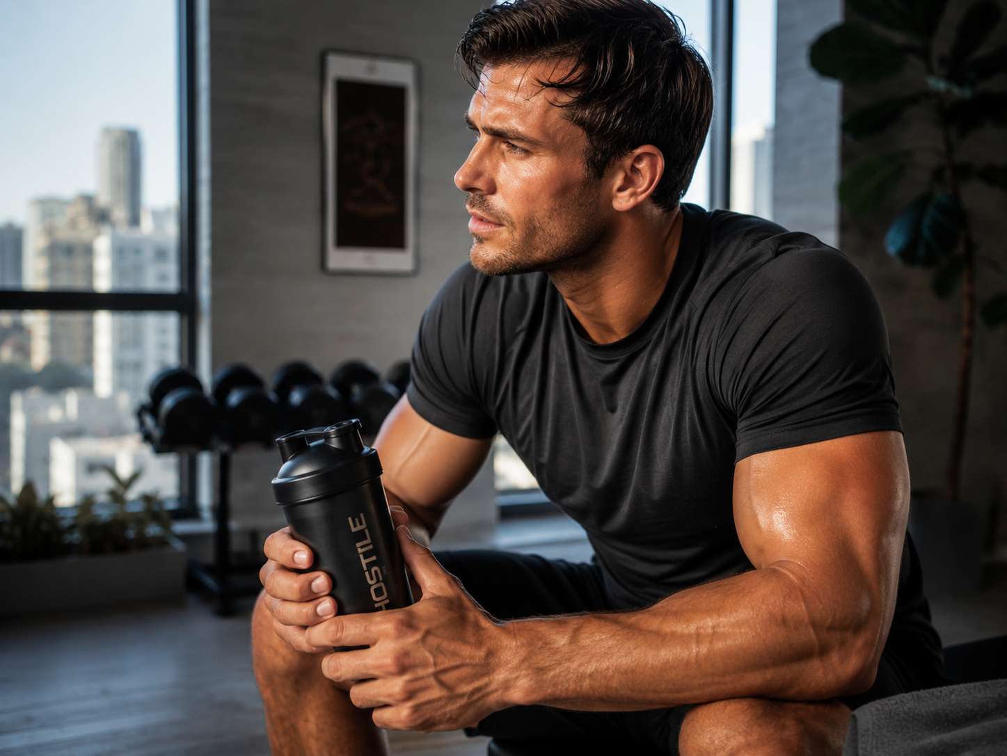 Setup home gym avec haltères réglables, carnet recovery plan, ashwagandha et shaker